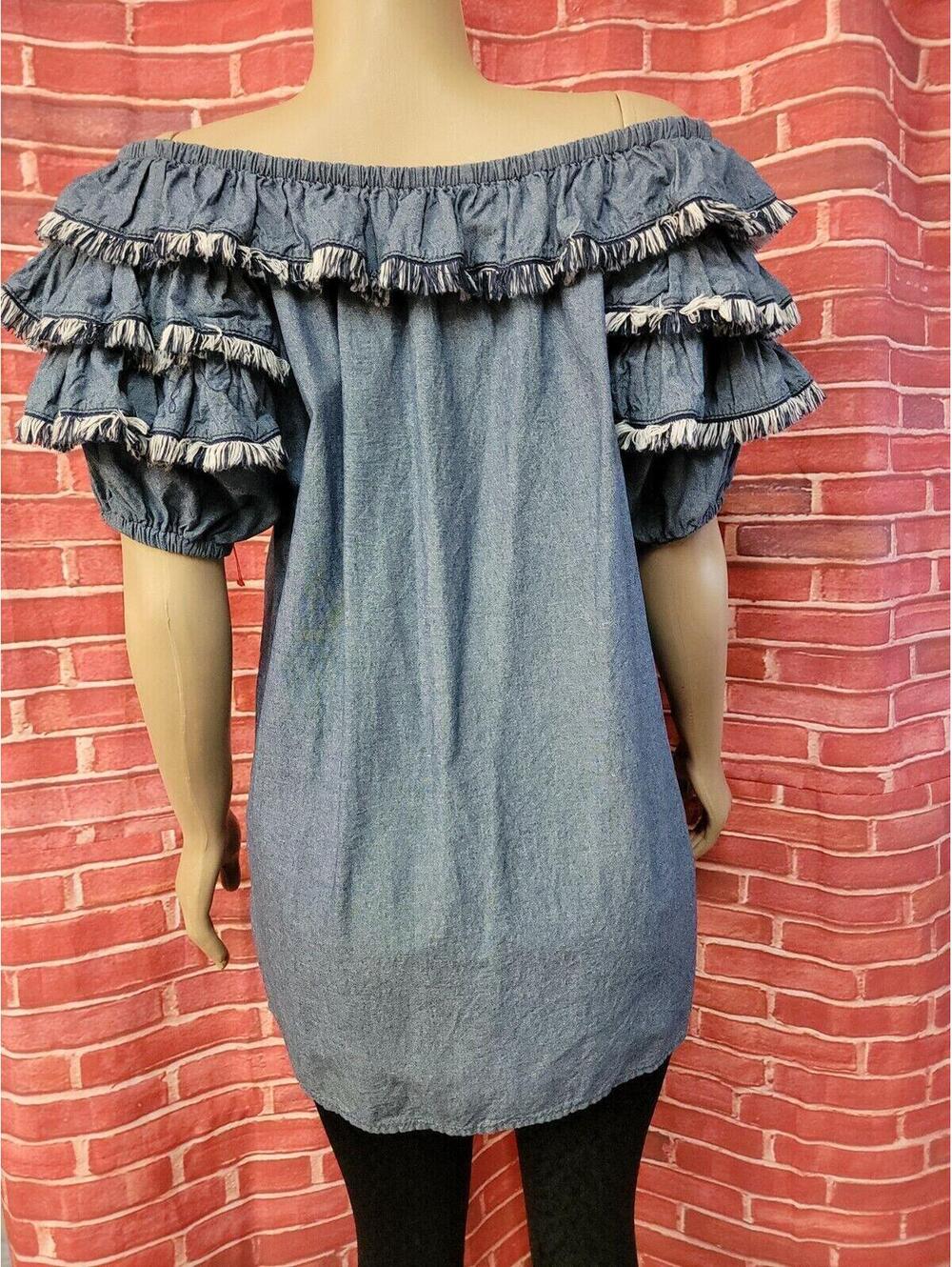 Mp|D Boho Frilled Sleeves Off the shoulders  Size S Blue Women's Top Blouse #CB9 - Picture 3 of 7